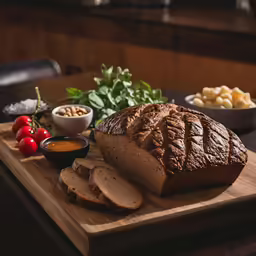 a wooden board topped with sliced bread and vegetables