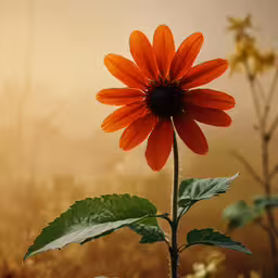 a flower that is sitting on some plants,an orange flower sitting on top of a leafy green plant