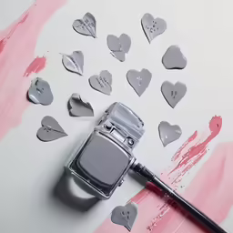 a bottle of paint with some hearts next to it