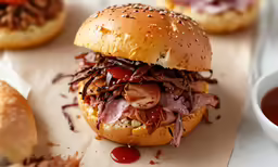 a very close up photo of a very large sandwich
