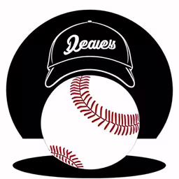 baseball with baseball cap on top with the word leaves in the background,a baseball and ball are sitting on top of a black circle