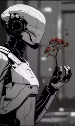 a robot holding a flower with its hand