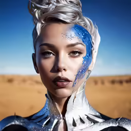 a girl wearing blue and white make - up in a desert