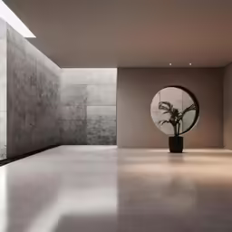 a large round mirror sitting next to a plant