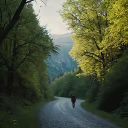a lone biker rides down a dirt road through the woods