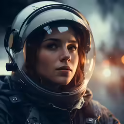 woman with helmet looking at camera on night street