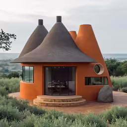 a round house with two tall towers on top of it