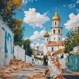 woman in white dress sitting on the ground near a church