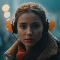 a girl with ear pads and a scarf on