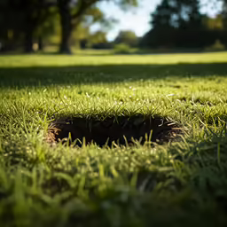 a hole is in the grass by itself