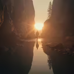 the sun shines behind the rock and over the water