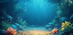 a underwater scene of rocks and corals under sunlight