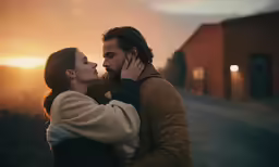 a couple who are hugging outside in the sunset