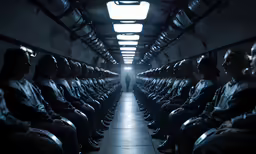 people in suits are riding on an airplane