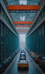 several cars parked in a building with red beams and glass roof