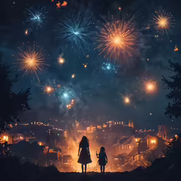 two people looking out over the city at fireworks