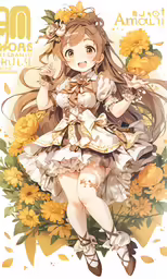 an anime girl sitting on top of yellow flowers