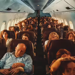 passengers on an airplane with their faces pressed up by the front row