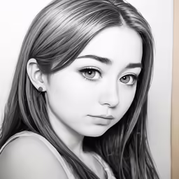 a girl with long hair in black and white photograph