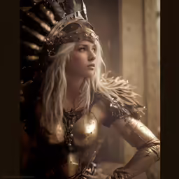 the woman is wearing a helmet and feathers