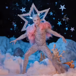 a statue with an unusual outfit and many stars on it