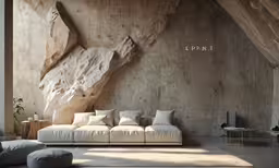 a couch sitting in front of a stone wall
