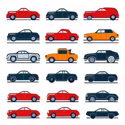 a colorful car set in a line with its colors,a car type icon with various colors of them,a series of colored cars in various sizes and colors,cars are shown in various colors of red, blue and yellow,several different colored cars on a street