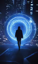 the person is walking around in front of some buildings and a big wheel