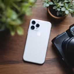 a phone, camera, and sushi are shown on a table