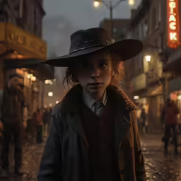 a little boy in a hat with a tie and coat is standing outside