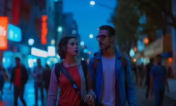 a couple walks down a city sidewalk at night