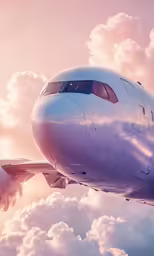 the front view of an airplane as seen through the clouds