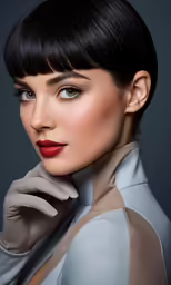 a woman with short hair and dark lipstick