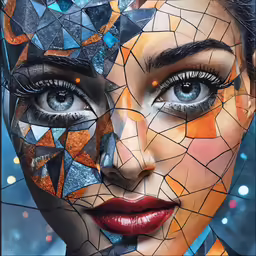 a woman with a mosaic face and some lights behind her