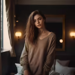 a woman standing in front of a window in her bedroom