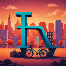 there is a giant letter with a bike,a picture of a city with an i - letter