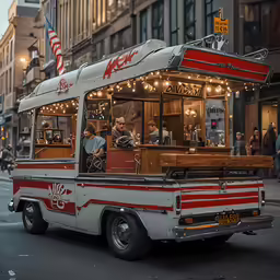 an old time food truck driving down a busy street
