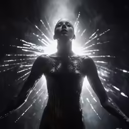 a woman is wearing silver body paint, with arms outstretched while fireworks behind her