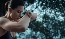 a beautiful woman flexing her muscles on a rainy day