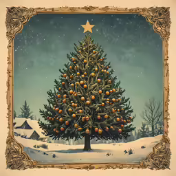 a painting shows a very large, very decorated christmas tree