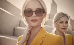 a woman wearing a yellow suit and sunglasses