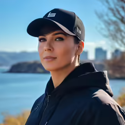 a woman in a black hat, coat and jacket is looking off into the distance