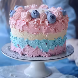the cake is decorated with blueberries, raspberries and icing