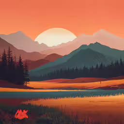 an abstract painting of a lake surrounded by forest,an orange and green landscape with a lake in the middle