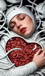 a woman in white holding a bowl of red beans