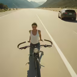 there is a female in a white tank top on a bike