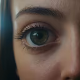 a woman with a large pair of eyelashes looking straight into the camera