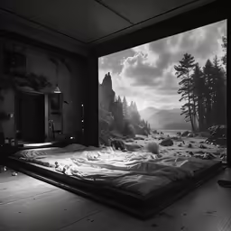 a very big room with a bed and a wall