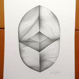 an image of a white piece of art on the table,there is a black and white drawing on a table