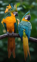 two colorful birds sitting on top of a tree branch